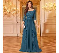 Pailletten Blumen Spitze Boot Ausschnitt 3/4 Ärmel Chiffon Rüschen Saum plissierter Saum Formales Party Maxikleid