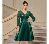 Pailletten Blumen Spitze Kontrast Satin V-Ausschnitt 3/4 Ärmel Abschlussball Swing Kleid, Hochzeitsgast Kleid, Halb-formelles Party Kleid, A-Linie Kle