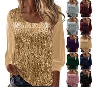 Pailletten Bluse Damen, Glitzer Oberteile Damen Samt Langarmshirt U Ausschnitt Tunika Festliche Blusen Einfarbig Damenblusen Glitzershirt Locker Lässiges Glitzeroberteil Zur Hochzeit Party Oberteil
