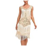 Pailletten Fransen Kleid Damen 1920er Jahre Rundhalsausschnitt Flapper Kleid Gats.by M.o.tt.o Party Kostüm 20er Jahre Kostüm Damen 1920s Charlesto.n Rock.e Knielang Karneval Cocotail Party (Beige, XL)