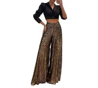 Pailletten Hose Damen Glitzer Plissee Palazzo Marlenehose Locker Weite Freizeithose Elegant Gummizug Lounge