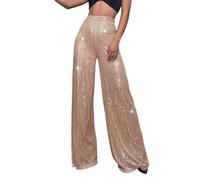 Pailletten Hose Damen Gold-Glitzer Hose Lang Metallic Hose Lang High Waist Baggy Jogginghose Weites Bein Sommerhose Locker Weite Hose Große Größen Paillettenhose Metallic Hosen Büro Pants