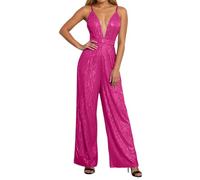 Pailletten Jumpsuit Damen schwarz, Glitzer Jumpsuit Damen Ärmellos Clubwear Pailletten Elegant Hosenanzug Romper Sexy Hohe Taille Strampler Bodycon V-Ausschnitt Lang Playsuits Party, Heißes Rosa, L