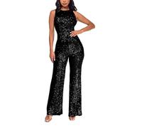 Pailletten Jumpsuit Damen schwarz, Glitzer Jumpsuit Damen Ärmellos Party Strampler Hosenanzug Elegant Hohe Taille Clubwear Pailletten Bodycon Einteiler Sexy Lang Playsuits Romper, Schwarz, L