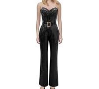 Pailletten Jumpsuit Damen schwarz, Glitzer Jumpsuit Damen Lang Elegant Playsuits Romper Party Sexy Bodycon Hohe Taille Hosenanzug Strampler Pailletten Ärmellos Clubwear V-Ausschnitt, Schwarz, L