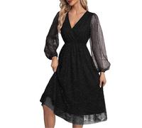 Pailletten Kleid Damen Midi -Glitzerkleid Partykleid V-Ausschnitt Midikleid Langarm Glitzer Wickelkleid Mesh Laternenärmel Cocktailkleid Knielang Mini Kleider Paillettenkleid für Frauen