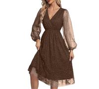 Pailletten Kleid Damen Midi -Glitzerkleid Partykleid V-Ausschnitt Midikleid Langarm Glitzer Wickelkleid Mesh Laternenärmel Cocktailkleid Knielang Mini Kleider Paillettenkleid für Frauen