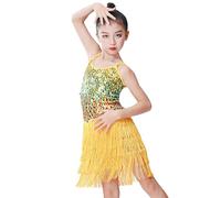 Pailletten Kleider Kinder Mädchen Ballett Latein Tanzkleid Elegant Fasching Karneval Cocktail Abendkleid Mädchen Ärmelloses Rundhals Festival Freizeit Locker Lässig Bequeme (Yellow, 12-13 Years)