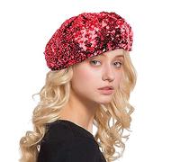 Pailletten Mütze Party Baskenmütze Silber Glitzer Faschingsmütze Disco Hut Kappe Paillettenmütze Karneval Kostüm Zubehör, Pailletten Barett Hut Glitzernd Glänzend Cap für Frauen Mädche (Red, One Size)