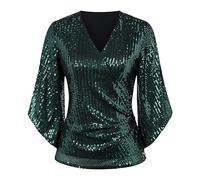 Pailletten Oberteil Damen Grün Langarm | Damen Abend Bluse Mit Glitzer Party | Glitzer T-Shirt Sexy Longshirt V-Ausschnitt Blusenshirt Locker Langarmshirt Casual Sweatshirt Bequeme Longbluse