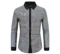 Pailletten Oberteil Herren, Glitzer Hemd Herren: Pailletten Oberteil Glitzerhemd Disco Outfit Ausgefallene Hemden Slim Fit Herrenhemden Langarm Party Silvester Shirt Festliches Langarmhemd Faschingsko