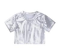 Pailletten Oberteil Kinder Metallic Glänzend Crop Top für Mädchen Junger Glitzertop Rundhals Kurzarm T-Shirt Tanzshirt Mottoparty Karneval Kostüm Fasching Tanztop Performance Dancewear