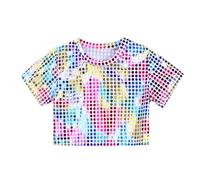 Pailletten Oberteil Kinder Metallic Glänzend Crop Top für Mädchen Junger Glitzertop Rundhals Kurzarm T-Shirt Tanzshirt Mottoparty Karneval Kostüm Fasching Tanztop Performance Dancewear
