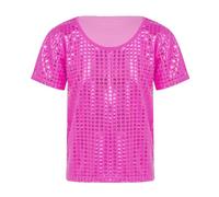 Pailletten Oberteil Kinder Metallic Glänzend Crop Top für Mädchen Junger Glitzertop Rundhals Kurzarm T-Shirt Tanzshirt Mottoparty Karneval Kostüm Fasching Tanztop Dancewear Performance Faschingskostüm