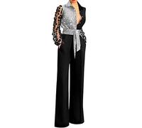 Pailletten Overall Damen V-Ausschnitt Jumpsuit Einteiler Hohe Taille Playsuit Langarm Damenoveralls Cocktail Party Festlich Hosenanzug Overalls für Frauen Elegant Jumpsuit für Business (Black, XL)