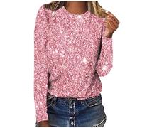 Pailletten Pullover Damen Modische Glitzer Oberteile Shiny Langarmshirt Einfarbig Sparkly Longsleeve Pulli Schlank Rundhals Bluse O-Ausschnitt Basic Tops Glitzernde Tunika Partywear