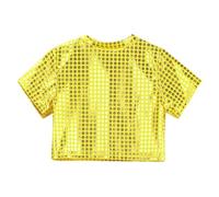 Pailletten T-Shirt Kinder Junge Mädchen Kurzarm Glitzer Shirt Rundhals Metallic Glänzend Oberteil Bequemes Festliches Tanzshirt Sport Shirt für Karneval Party Disco Jazztanz, 18 (Gold, 12-14 Years)