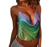 Pailletten Top Damen Neckholder -Glitzer Top Party,Crop Top Metall Rückenfreies Tiefer V-Ausschnitt Tank Tops Metallisches Kettenoberteil Clubwaer Nachtclub Rave Tanktops Frauen Camisole