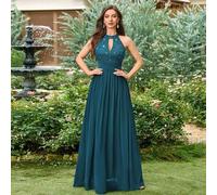 Paillettenbesetztes Blumen-Spitzen-Chiffon-Kontrast-Neckholder-Kleid mit plissiertem Saum für festliche Anlässe, elegantes Damenkleid für Hochzeitsgäs