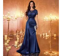 Paillettenbesetztes Blumen-Spitzen-Kontrast-Satin-Kleid mit rundem Ausschnitt, asymmetrisch, tailliert, drapierte Seite, Maxikleid für formelle Anläss