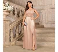 Paillettenbesetztes Blumenspitzen-Ballkleid mit Herzausschnitt und Flügelärmel in Kontrastsatin, elegantes Abendkleid für Damen, Abendgarderobe, Ballk