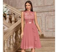 Paillettenbesetztes Kleid mit Blumenstickerei, Rundhals, ärmellos, mit Rüschensaum für Abschlussball, Party und Swing