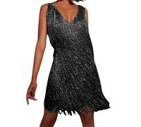 Paillettenkleid Damen Fransen Kleid/Gold Disco Outfit 70er Pailletten Fransenkleid 1920er Sexy Minikleid Flapper Kleider Ärmellos V-Ausschnitt Pailettenkleider Partykleid Cocktail Glitzer Kleid