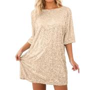 Paillettenkleid Damen Glitzerkleid Damen Partykleid Glitzer T-Shirt Kleid, Sparkle Minikleid Kurzarm Lockerer Schnitt, Elegant Party Tunika Longshirt FüR Karneval Silvester Disco Clubwear