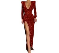 Paillettenkleid Damen Rot Abendkleid Damen Lang Glitzer Kleid Damen Party Cocktailkleid Damen Elegant Mit Tiefem V-Ausschnitt Schlanke Hüfte Sexy Wickelkleid Festlich Karneval Prom Glitter Dress Lang