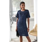 Paillettenkleid LASCANA "mit kurzen Ärmeln", Damen, Gr. 46, N-Gr, blau (marine), Stoff, Obermaterial: 95% Polyester, 5% Elasthan. Futter: 100% Polyester, leicht glänzend, unifarben, festlich, figurums