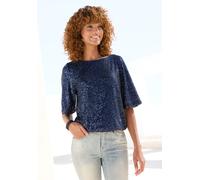 Paillettenshirt LASCANA, Damen, Gr. 32/34, dunkelblau, Stoff, Obermaterial: 95% Polyester, 5% Elasthan. Futter: 100% Polyester, glänzend, festlich, figurumspielend hüftlang, Rundhals, Shirts, mit weit