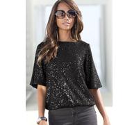 Paillettenshirt LASCANA, Damen, Gr. 44/46, schwarz, Stoff, Obermaterial: 95% Polyester, 5% Elasthan. Futter: 100% Polyester, glänzend, festlich, figurumspielend hüftlang, Rundhals, Shirts, mit weiten 