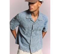 Paisley Jacquard Denim Kurzarm Hemd mit Stehkragen und zwei Brusttaschen, verwaschen, Sommer