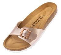 Palado Damen Pantoletten Malta - extra bequeme Sandalen - modische Hausschuhe mit Natur Kork - Made in EU - Sandaletten mit Sohle aus feinstem natur Leder Rose(Metallic) 41 EU