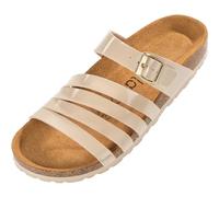 Palado Damen Pantoletten Roma - bequeme Sandaletten mit Kork-Fussbett - modische Hausschuhe mit verstellbarem Riemen - Sandalen für Frauen mit Leder-Laufsohle Lack Beige UK4,5 - EU37