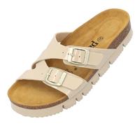 Palado Damen Plateau-Pantoletten Arrila PL - bequeme Sandalen Made in Spain - Hausschuhe mit Kork-Fußbett - modische Sommerschuhe Beige Lack UK9 - EU42