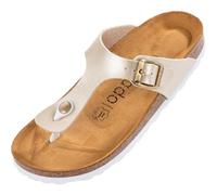 Palado Damen Zehentrenner Kos Metallic - Pantoletten Made in Spain - elegante Hausschuhe mit Kork-Fußbett - modische Sommerschuhe Cream UK3,5 - EU36
