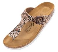 Palado Damen Zehentrenner Kos Prints - Pantoletten Made in Spain - elegante Hausschuhe mit Kork-Fußbett - modische Sommerschuhe Leaves Bronze UK3,5 - EU36