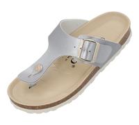 Palado Kos BEGS by Sila Sahin Damen Pantoletten - modische Sandalen mit Natur Kork-Fussbett - bequeme Sandalen mit extra großer Schnalle Grau Metallic UK4,5 - EU37