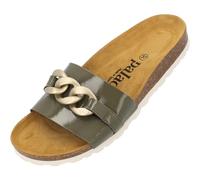 Palado Pantoletten Damen Gozo - bequeme Sandalen Made in Spain - Hausschuhe mit dämpfendem Kork-Fußbett - modische Sommerschuhe Khaki Lack UK7 - EU40