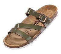 Palado Pantoletten Damen Ikaria - bequeme Sandalen Made in Spain - Hausschuhe mit dämpfendem Kork-Fußbett - modische Sommerschuhe Khaki Lack UK5,5 - EU38