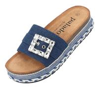 Palado Pantoletten Damen Inarona by Sila Sahin - bequeme Sandalen mit Plateau-Sohle - Hausschuhe mit Glitzerschnalle - modische Sommerschuhe Jeansblau UK5,5 - EU38