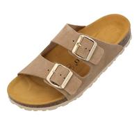 Palado Pantoletten Damen Korfu Suede Premium Leather - bequeme Sandalen Made in Spain - Hausschuhe mit Kork-Fußbett - modische Sommerschuhe Beige/Gold UK8 - EU41