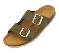 Palado Pantoletten Damen Korfu Suede Premium Leather - bequeme Sandalen Made in Spain - Hausschuhe mit Kork-Fußbett - modische Sommerschuhe Khaki UK9,5 - EU43