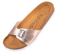 Palado Pantoletten Damen Malta Metallic - Sandalen Made in Spain - elegante Hausschuhe mit Kork-Fußbett - modische Sommerschuhe Rose/Silber UK9 - EU42