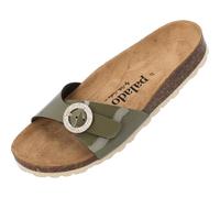 Palado Pantoletten Damen Malta RD by Sila Sahin - bequeme Sandalen Made in Spain - Hausschuhe mit runder Glitzerschnalle - mit Kork-Fußbett Khaki Lack UK7 - EU40