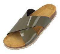Palado Pantoletten Damen Rianel - bequeme Sandalen mit gekreuzten Riemen - Hausschuhe - modische Sommerschuhe Khaki Lack UK6 - EU39