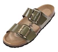 Palado Pantoletten Damen Samos EGS - bequeme Sandalen Made in Spain - Hausschuhe mit dämpfendem Kork-Fußbett - modische Sommerschuhe Khaki Lack UK5,5 - EU38