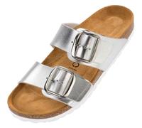 Palado Pantoletten Damen Samos GS - bequeme Sandalen Made in Spain - Hausschuhe mit dämpfendem Kork-Fußbett - modische Sommerschuhe Metallic Silber UK4,5 - EU37