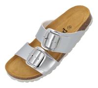 Palado Pantoletten Damen Samos GS - bequeme Sandalen Made in Spain - Hausschuhe mit dämpfendem Kork-Fußbett - modische Sommerschuhe Silber Lack/Silber UK8 - EU41